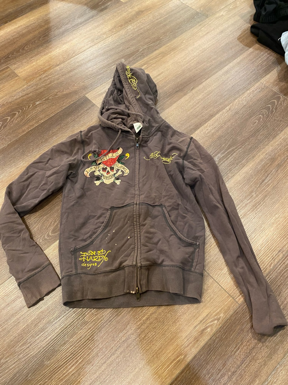 Vintage Ed Hardy Brown Graphic Zip-Up Hoodie Small